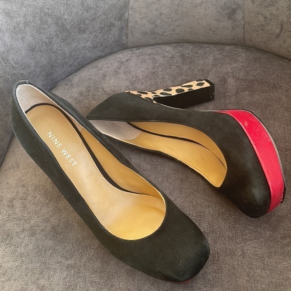 Nine West Heels red Black leopard print pumps like new size 6.5 shoes platforms - Picture 10 of 12